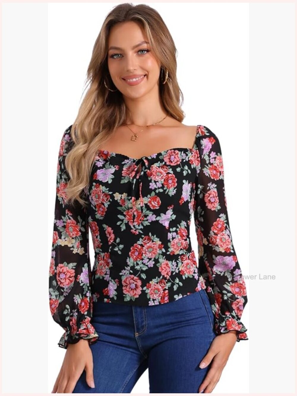 Square Neck Puff Sleeve Floral Blouse Smocked Back Tie Front